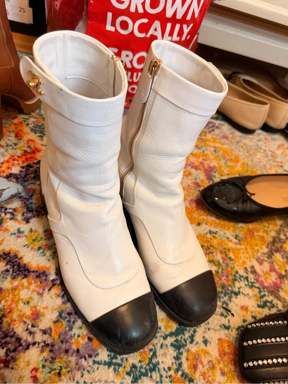 CHANEL White Leather Ankle Boots with Black Cap Toes